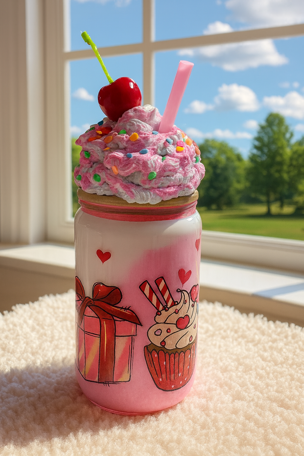 Strawberry Sundae Faux Whip Can Glass – Cherry & Sprinkles Topper